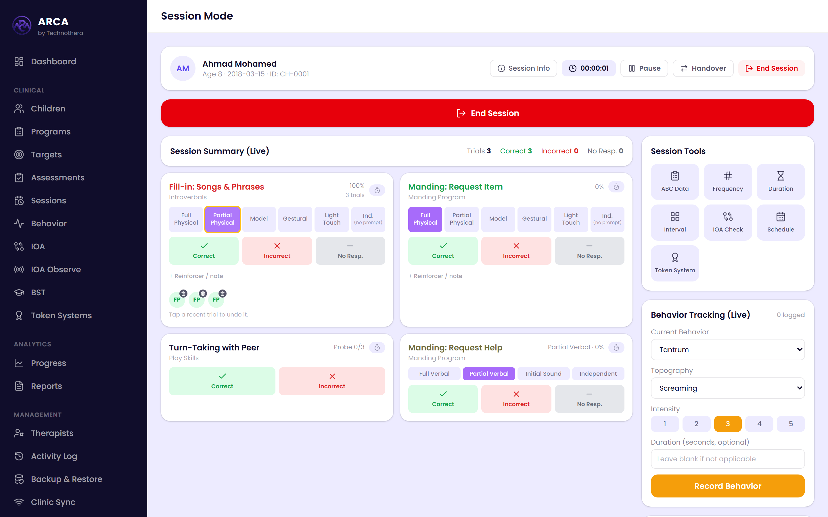 ARCA Session Mode showing live trial recording, prompt levels, and behavior tracking