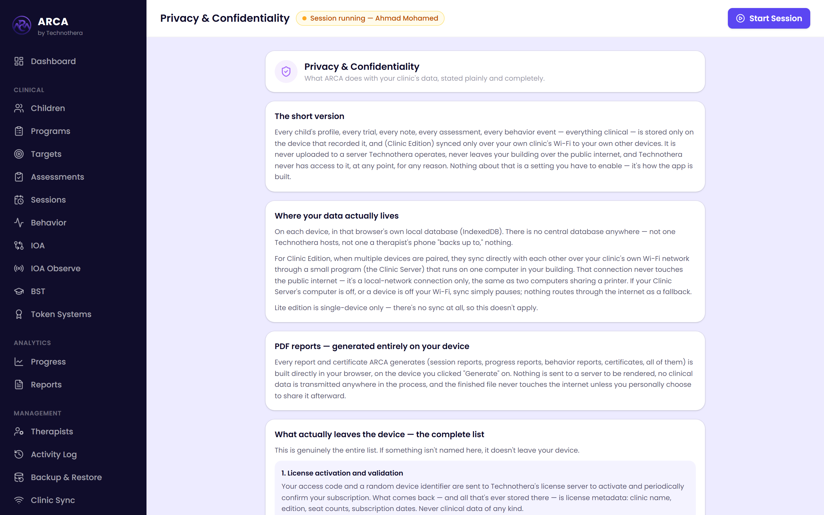 ARCA in-app Privacy and Confidentiality page